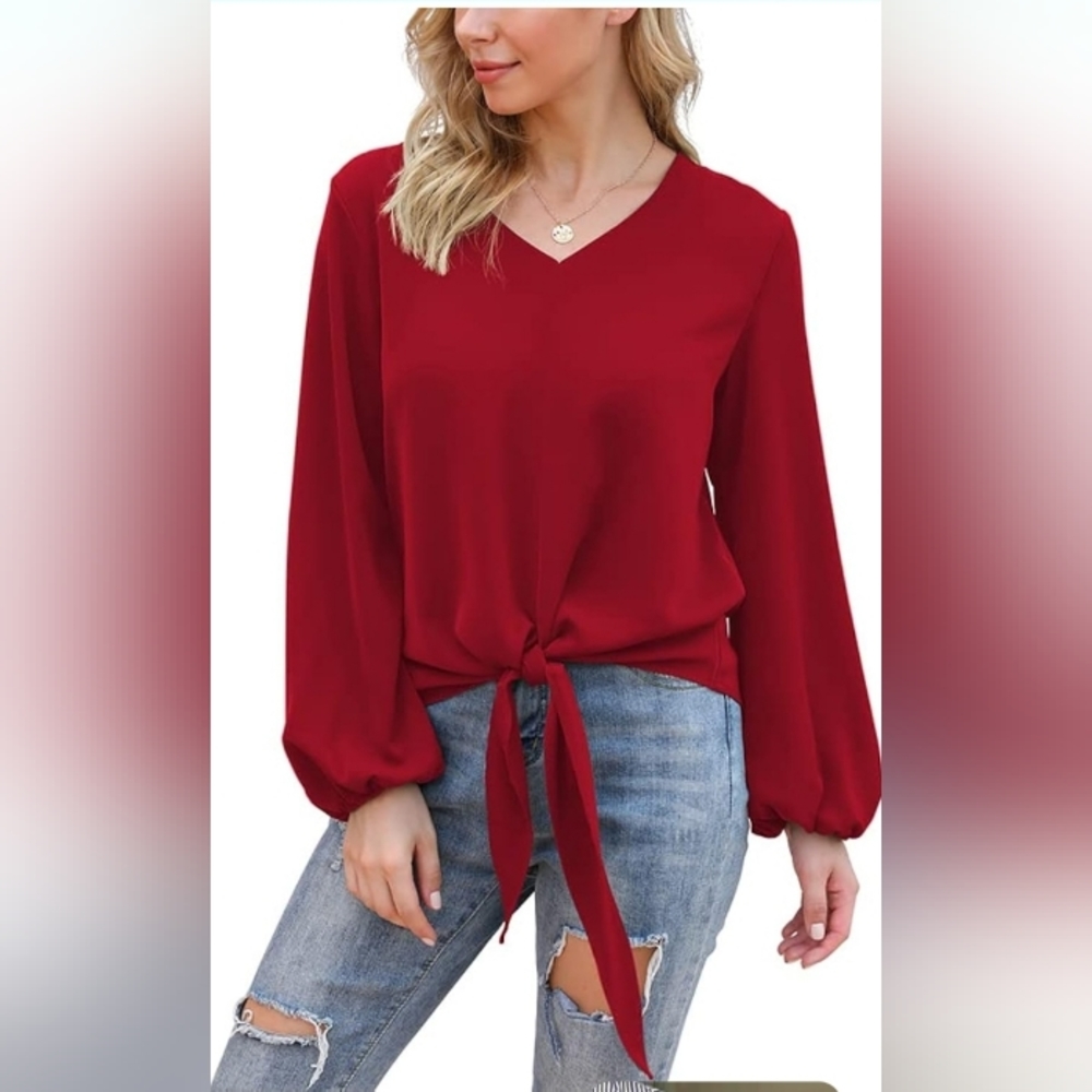 New Viishow Red Lartern Long Sleeve Front Tie Vneck Blouse Chiffon